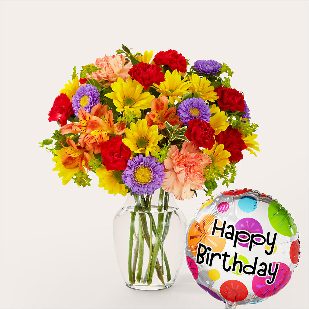 Kaleidoscope Bouquet with Birthday Balloon – Just Bloom, Elk Grove CA