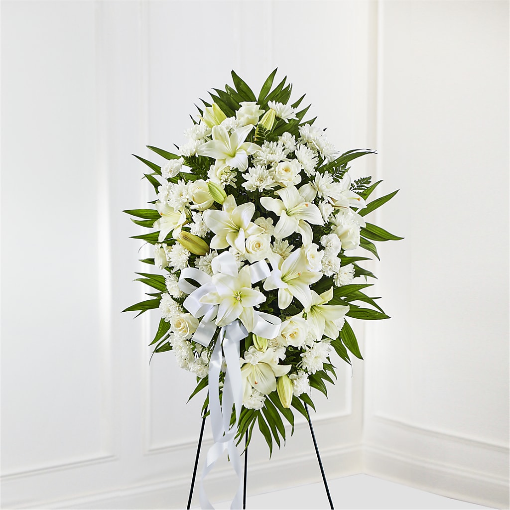 Exquisite Tribute Standing Spray-White Ribbon – Just Bloom, Elk Grove CA